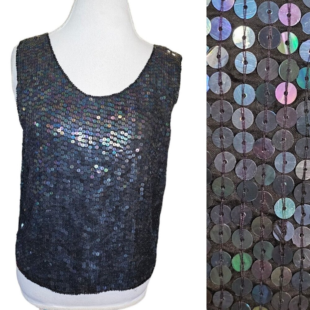 80s‎ Womens Small Black Mermaid Sequins Tank Evening Blouse Silk Cocktail NWT